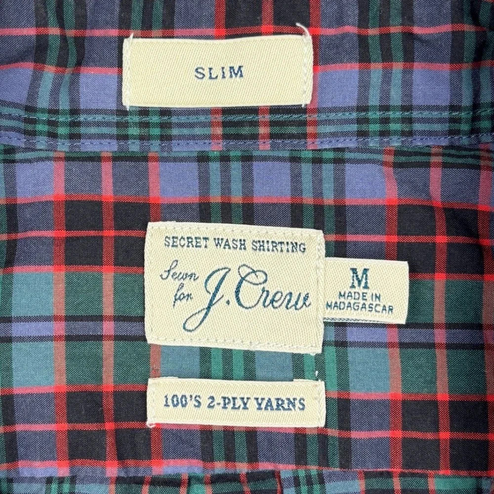 JCrew Secret Wash Shirt Mens Medium Slim Purple Green Red Plaid Button Down M